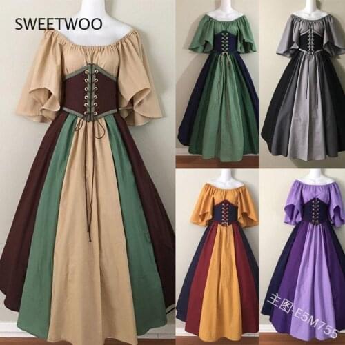 European and American Medieval Retro Hit Color Stitching Flying Sleeves Lace-Up Waist Big Swing Skirt Dress Dress Women