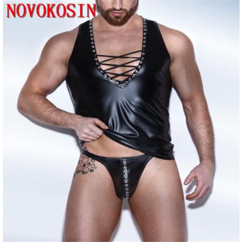XX81 Summer Style 2017 Fashion Black Faux Leather Men Sexy Lingerie Fitness Lace Up Front Rivet New Style With T Panties