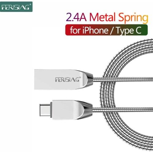 FERISING 2.4A USB Type C Fast Charger Data Cable Type-C Charging for iPhone 6 7 8 X 11 Xiaomi Huawei Samsung Metal Spring Cable