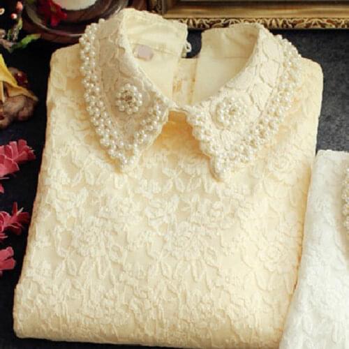 New Design Lace Women Blouse And Shirts Thicken Warm Fleece Solid Beige White Lace Flower Embroidery Pearl Slim Office Lady Tops