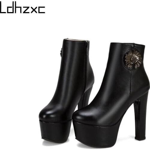 LDHZXC Zipper Women Boots Autumn Black Chunky Motorcycle Boots for Women High Heels Rubber Soles Winter Shoes Big Size 48