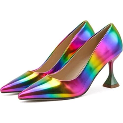 VENUS CHAN New Spring Autumn Rainbow Color Women Pumps Cup heeled Pointed Toe High Heels Weeding Shoes Spike Heel Pumps