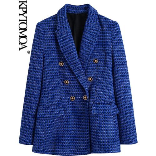 KPYTOMOA Women 2021 Fashion Tweed Double Breasted Blazer Coat Vintage Long Sleeve Flap Pockets Female Outerwear Chic Veste Femme