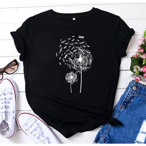 100% Cotton Summer Dandelion Pattern Womens T-shirt O-Neck Harajuku Top Casual Female T shirt Oversized Size S-5XL