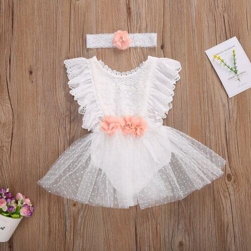 Pudcoco Lace Fly Sleeve White Baby Girls Bodysuit Casual Summer Jumpsuit for Toddler Girls Summer Newborn Clothes 0-24M