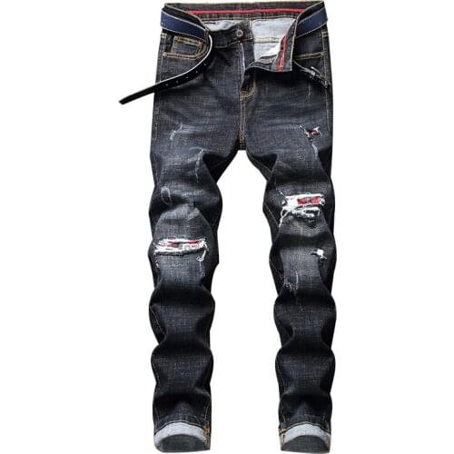 2021 Ripped Jeans Biker Retro Street Comfort Trousers Casual Stretch Slim Denim Pants Male