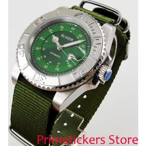 40mm green dial silver plated rotating bezel nylon strap automatic mens watch sapphire glass