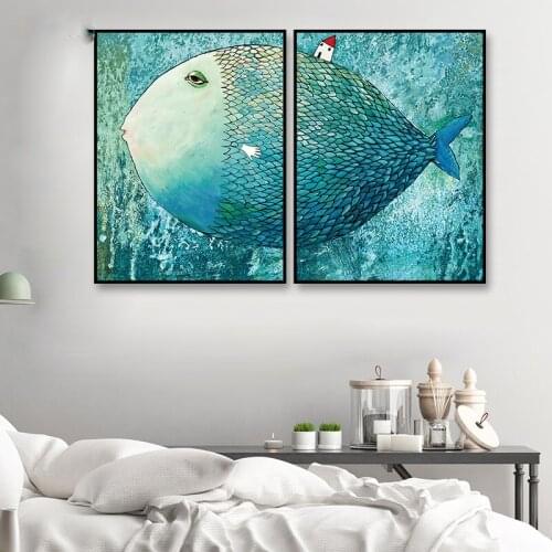 Pictures On The Wall Abstract Wall Art Big Fish Canvas Poster Decoration for Home Painting for Interior Frameless Room Design