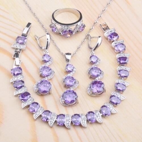Amazing Purple Crystal For Women Silver Color Jewelry Sets Bracelet Necklace Pendant Earrings Ring Free Gift Box QS0140