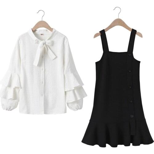 Baby & Childrens Clothes Sets 2 Pieces Kids Suit Girls Solid Color Collar Long Sleeve Shirt+ Black Suspender Skirt Girl Dress