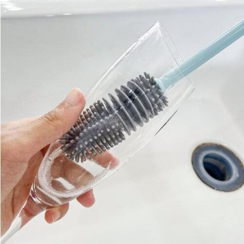 Long Handle Multifunctional TPR Cleaning Bottle Brush Silicone Cleaning Brush Cup Brush Cleaner Grey Kitchen Tool Cup Brush