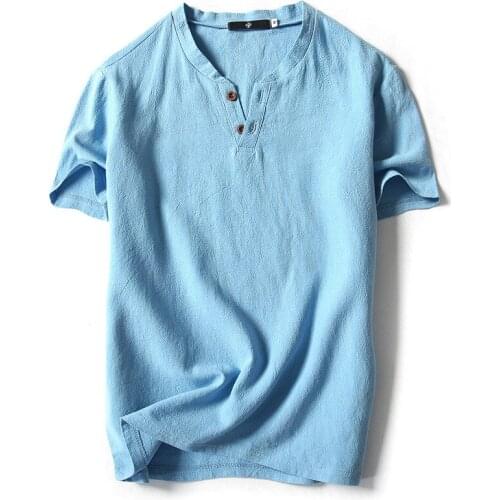 2021 Mens Summer Clothing Linen Short-Sleeved T-shirt Teenagers Retro Cotton and Linen Fashion Solid Color Two-Button T-shirt