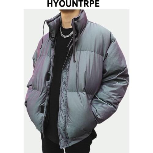 Mens Reflective Jackets and Coats Casual Zipper Stand-collar Warm Cotton Padded Bomber Outerwear Hip Hop Streetwear Winter Coat