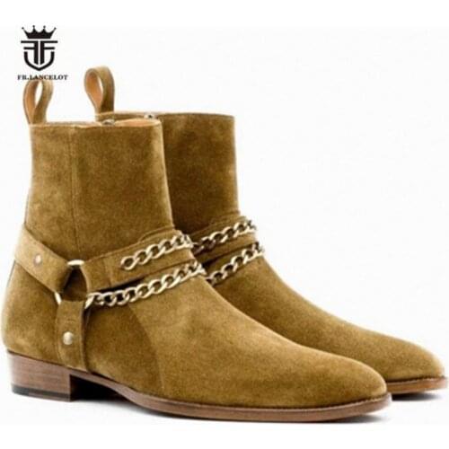 2020 New Hot waist Dual Chain personalized Customized handmade Man Chelsea Boots suede buckle strap wedge slim fit cool Boots