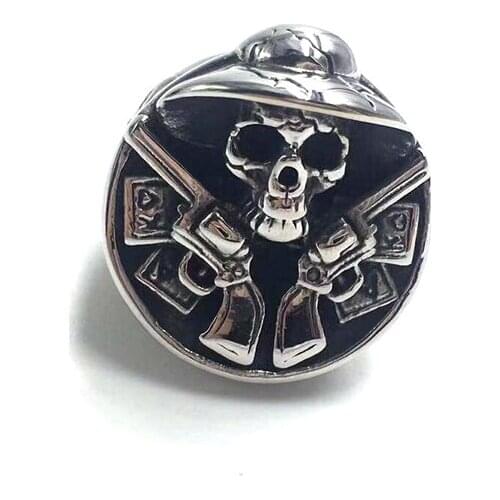 Newest big heavy cool gun ring men 316 stainless steel biker skull ring with double gun rock roll fashion for boys BR1126