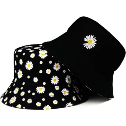 Daisy Embroidery Double-Sided Sun Bucket Hats Women Men Flora Print Hip Hop Panama Caps Summer Fishing Reversible Fisherman Hat