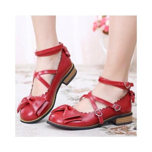 Dropshipping Lolita Shoes Women Flats Low Round with Cross Straps Bow Cute Girls Princess Tea Party Shoes Students Lovely Shoes