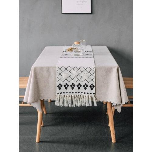 Geometric rectangle table runner with tassu Burlap Jute Imitated Linen Tablecloth Rustic Wedding Banquet Decoration Home Textile