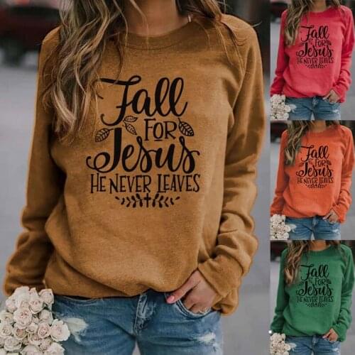 Plus Size Womens Fashion Casual Long Sleeve Tops T-shirt Ladies Round Neck Blouse (Fall For Jesus He Never Leaves)Print Sweatsh