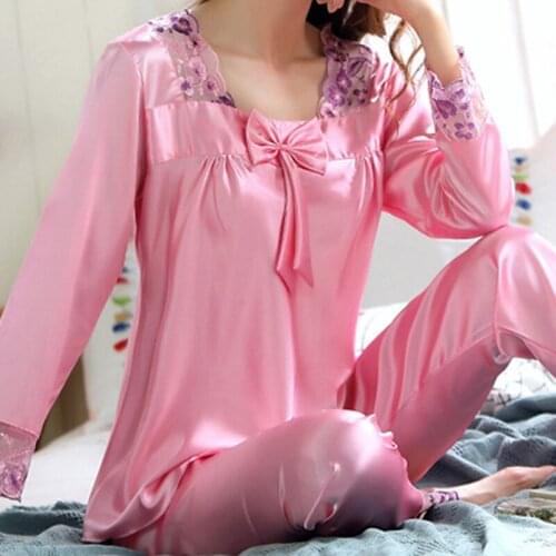 Sexy Ladies Sleepwear Set Full Sleeve Tops Fashion Patchwork Lace Solid Color Intimates Soft Pajama Set For Women 2pcs/set