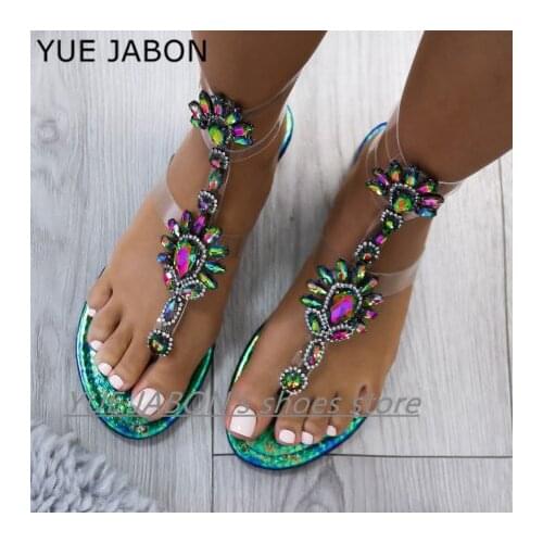 NEW Green Gold Silver Women’s summer bohemia diamond sandals beach shining rhinestones T-strap thong flip flop Crystal shoes