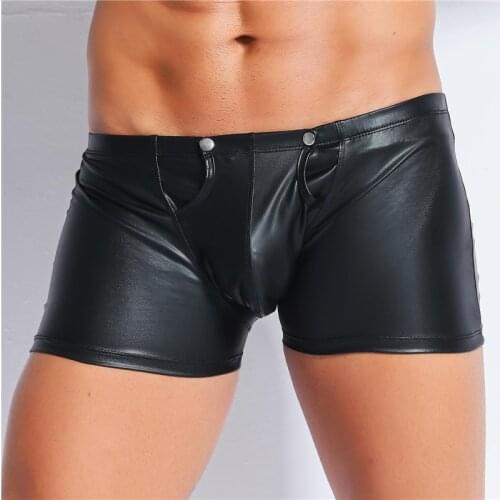 Male Underwear Open Crotch Sissy Pants Back Zipper Patent Leather Fetish Men Shorts Porno Gay Crotchless Mens Home Trousers