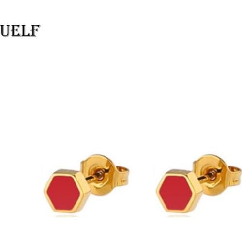 Uelf Fashion Bijoux Bohemian Female Geometric Small Hexagon Earrings Women Jewelry Red Stud Earrings Earstuds