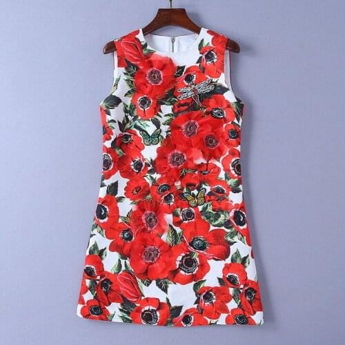 European and American womens clothing 2019 spring new style sleeveless dragonfly nail bead Butterfly embroidered jacquard dress