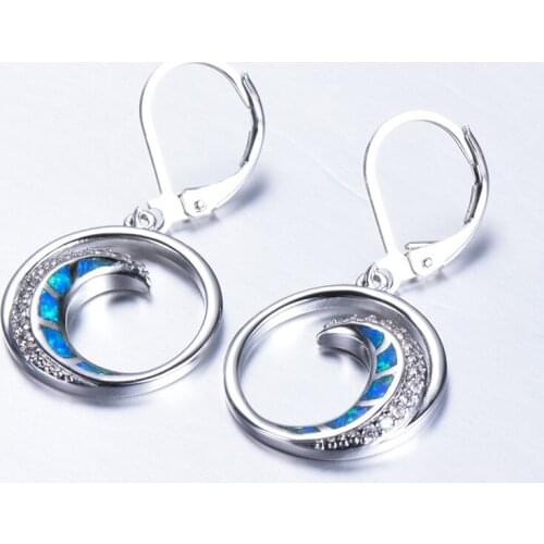 Female Cute Moon Round Drop Earrings White Blue Opal Dangle Earrings Dainty Silver Color Wedding Earrings For Women Boho Jewelry