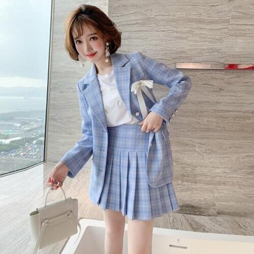 Female Autumn New Fresh Plaid Bow Tie Suit Jacket + Playful High Waist Pleated Half Skirt Two Pieces Sets women