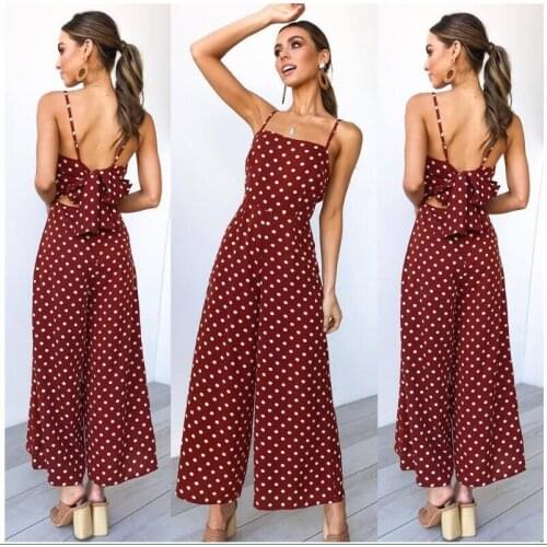 Womens Casual Bandage Wave Point Jumpsuit Summer Breathable Cool One Piece Wide Leg Pants Sexy Open Back Jumpsuits