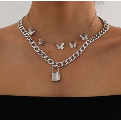 Chic Punk Thick Chain Butterfly Lock Pendant Necklace for Women Vintage Double Layer Geometric Necklace Pendants Jewelry Kolye