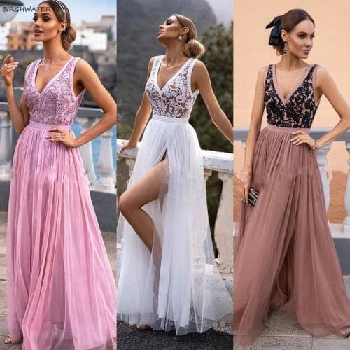 Womens Dress 2021 New Princess Sleeveless Wedding Slit Dresses Summer Elegant Temperament Mesh Lace Evening Dress