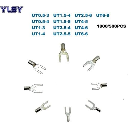 1000/500Pcs Non-insulated Fork Terminales Electric Naked Crimp Terminal UT0.5-3~UT6-8 Wire Cable Connector 0.5~6mm2 22-10AWG