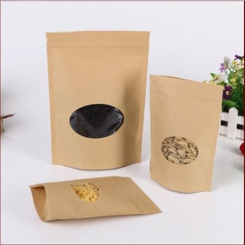 15*22+4 20pcs brown self zip lock kraft paper bags with window for gifts sweets and candy food tea jewelry retail package paper