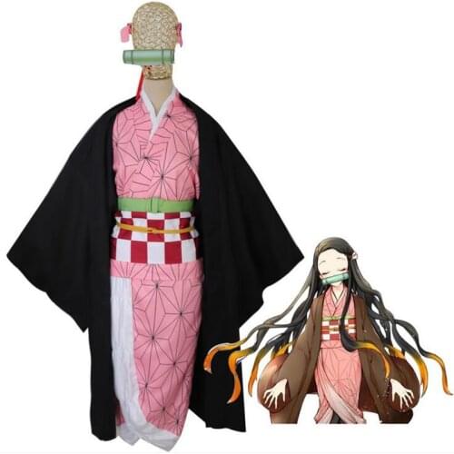 Anime Demon Slayer Nezuko Women Cosplay Costume Kimetsu no Yaiba Halloween Costumes girls Kimono dress+jacket+wig+accessories