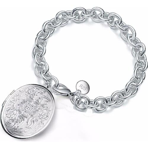 Vintage Style Flower Pattern Photo Locket Bracelet 925 Sterling Silver Jewelry For Women Girls Lady Mothers Gifts