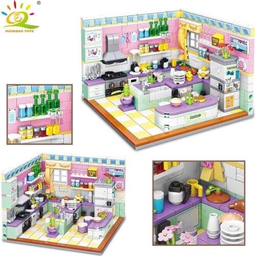 HUIQIBAO 595pcs Kitchen Architecture Model Micro Building Blocks City Street View Mini Diamond Bricks Set Children Toys Kids