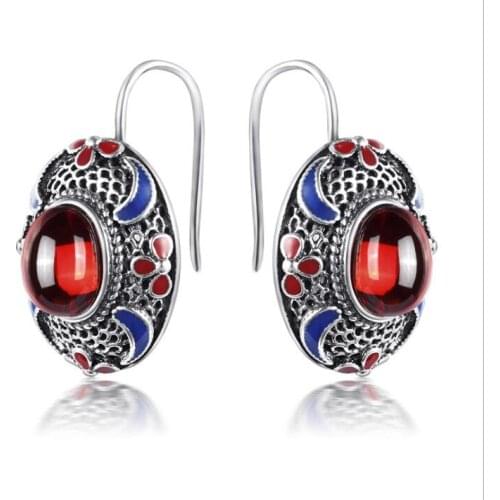 KJJEAXCMY fine jewelry 925 pure silver, Thai Silver Garnet Earrings, antique court wind lady earrings