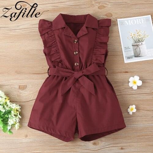 ZAFILLE Kids Clothes Girls Stand Collar Ruffle Belted Overalls For Children Jumpers Wine Girls Rompers Summer Girl Bodysuits