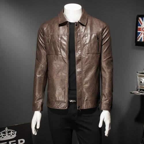Khaki Mens Motorcycle Coat 2020 Autumn Leather Jacket Turn-down Collar Smart Casual Zipper Clothing Coffee 8926