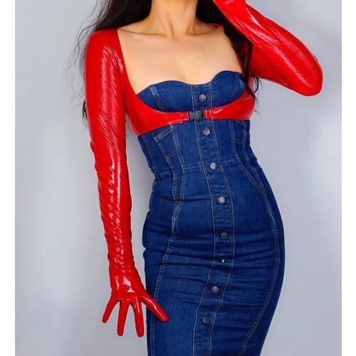 New 2020 LATEX BOLERO GLOVES Shine Leather Faux Patent Red Top Cropped Shrug UV Women Leather Gloves WPU242