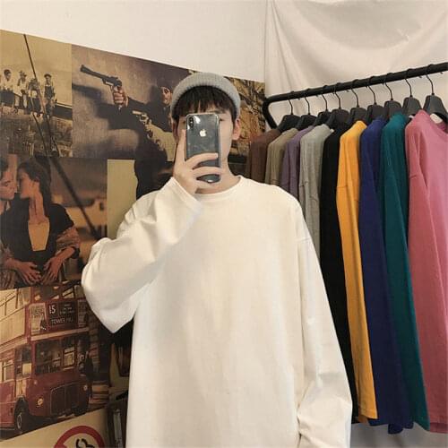 Men T Shirt Autumn Solid Casual Long Sleeve O Neck Casual Japan Style Korean Harajuku Streetwear Cotton Loose Couple Clothing