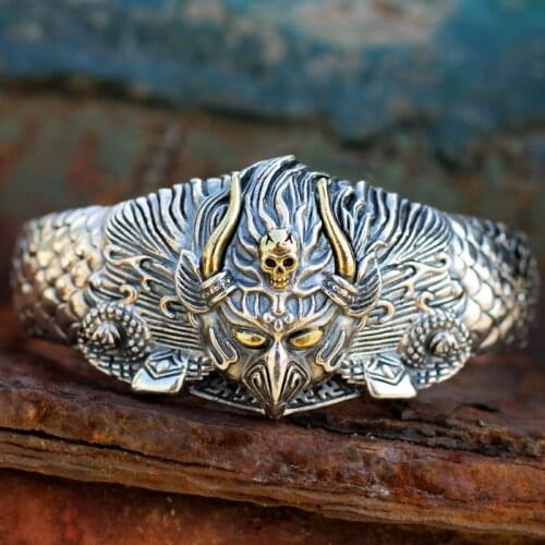 Mens handmade silver bracelet with golden wings and big roc bird