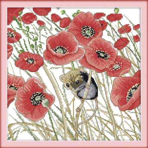 Mouse and poppy cross stitch kit flower animal 18ct 14ct count canvas stitching embroidery DIY handmade needlework plus