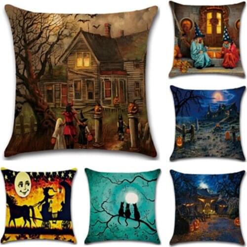 Halloween Ghost Witch Pumpkin Pillowcases Seat Sofa Pillow Cover Linen Cotton Square Green Cushion Cover for Home Decoration