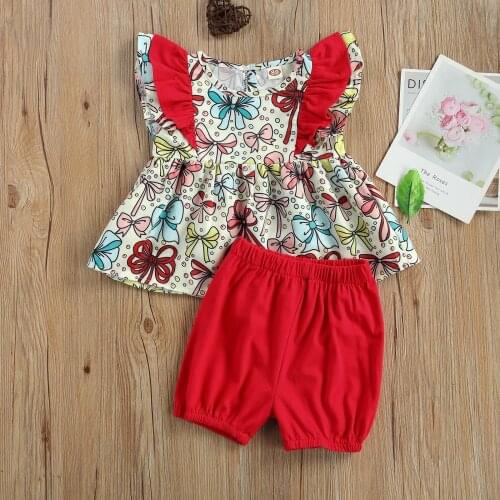 2021 The New Fashion Baby Girls Clothes Set Bow-knot Print Sleeveless O-neck Tops with Ruffle + Solid Color Short Pants