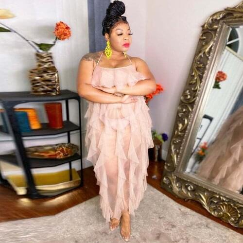 2XL-5XL Plus Size Cascading Ruffles Party Dress for Women Spaghetti Strap Backless Bandage Dress Sweet Solid Sleeveless Dresses