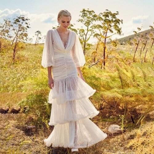 Transparent Wedding Gowns White Ivory Half Sleeve V Neck Sheath Tiered Lace Bridal Dress Plus Size Boho Beach 2021