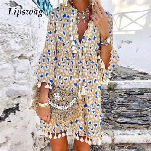 Vintage Print 3/4 Sleeve A-Line Boho Dress Summer Sexy V-Neck Lady Party Dress 2021 Spring Casual Women Loose Tassel Beach Dress